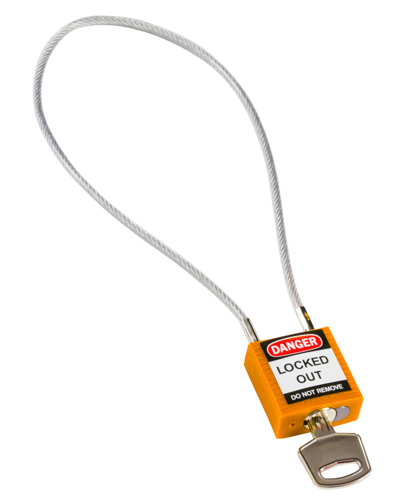 Kompaktowa kłódka zabezpieczająca, z kluczami niepowtarzalnymi, kabłąk kablowy 400 mm, pomarańczowa - 1