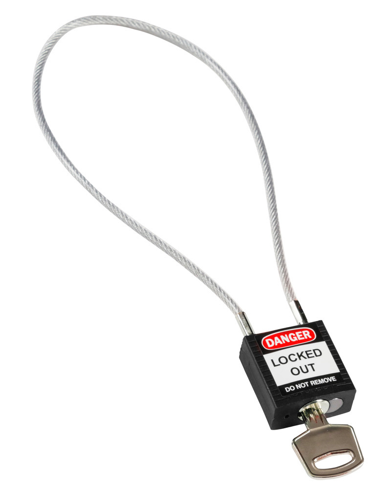Kompaktowa kłódka zabezpieczająca, z kluczami niepowtarzalnymi, kabłąk kablowy 400 mm, czarna - 1