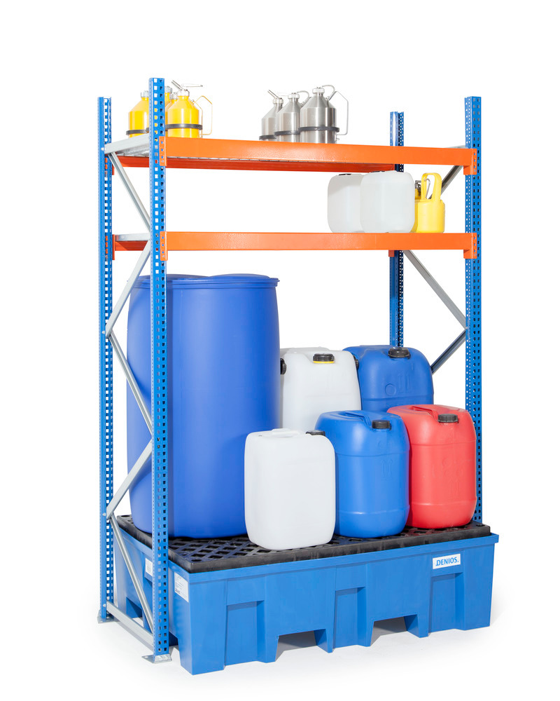 Drum and small container rack GKS 1250, PE spill pallet, 2 grid shelves, basic shelf unit - 1