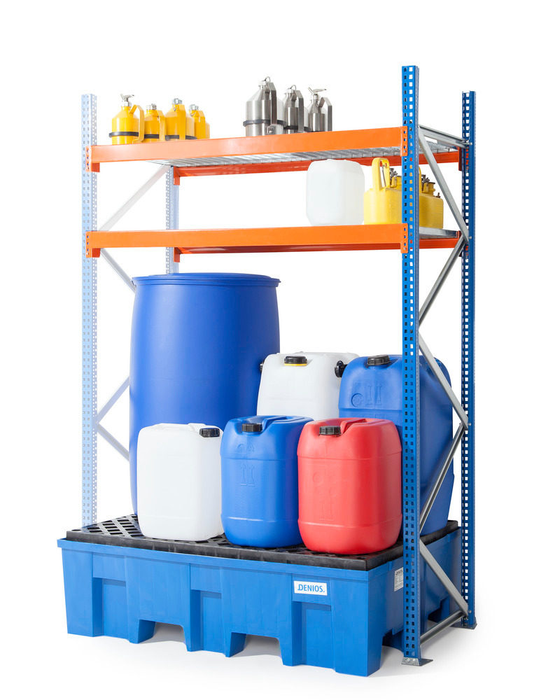 Drum and small container rack GKS 1250, PE spill pallet, 2 grid shelves, extension shelf unit - 1
