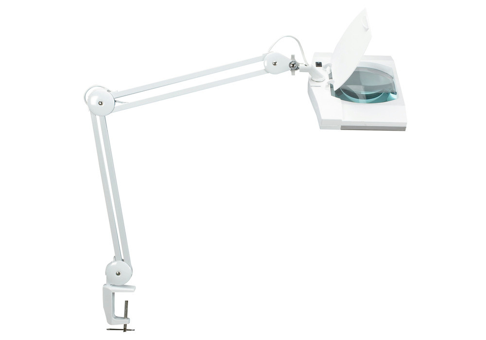 Lampa LED z lupą Delmos, z podstawą z zaciskiem, biała