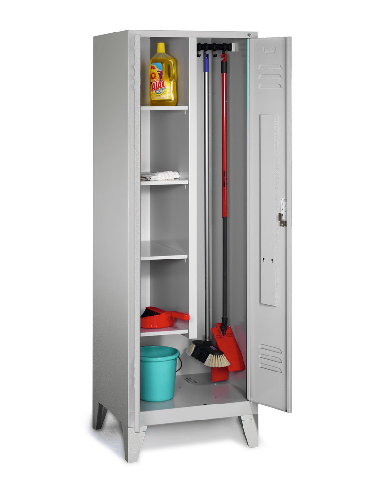 Cleaning cabinet Cabo 4 shelves, sliding hooks, W 610, D 500, H 1850 mm, feet, grey - 1