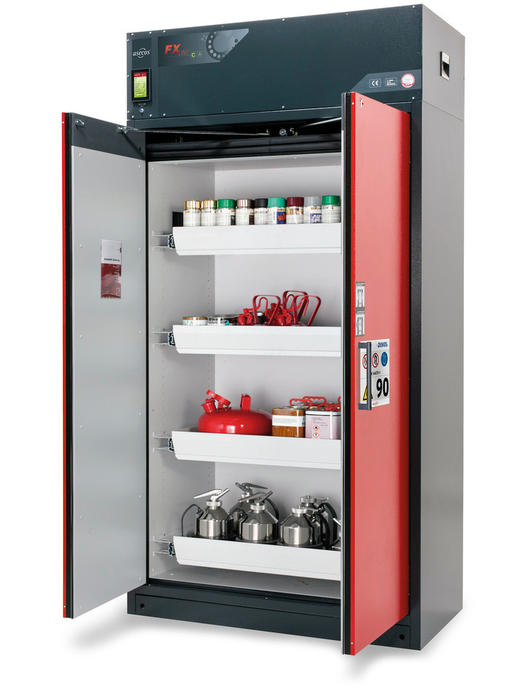 Fire-rated vent. HazMat cabinet Custos, doors red, with 3 shelves, Model E-123 - 1
