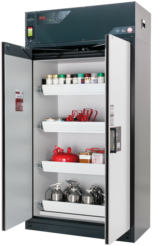Fire-rated vent. HazMat cabinet Custos, doors grey, with 4 slide-out spill trays, Model E-124 - 1