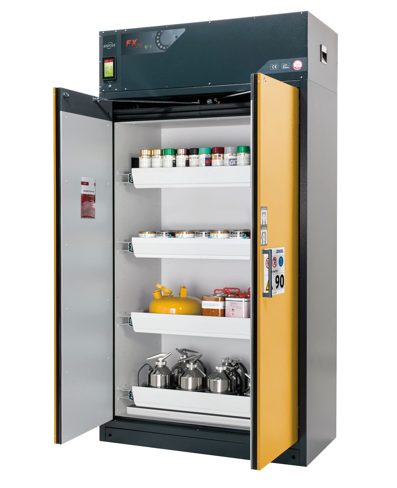 Fire-rated vent. HazMat cabinet Custos, doors yellow, with 4 slide-out spill trays, Model E-124 - 1