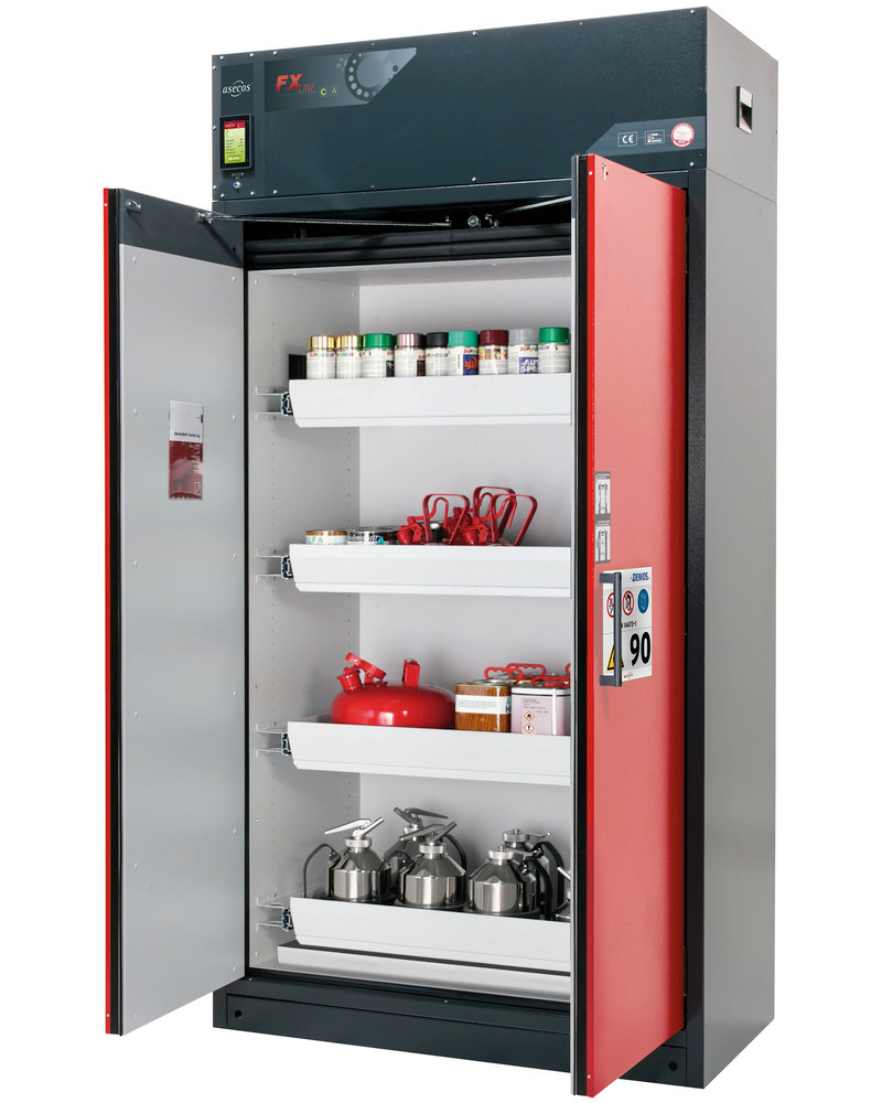 Fire-rated vent. HazMat cabinet Custos, doors red, with 4 slide-out spill trays, Model E-124 - 1