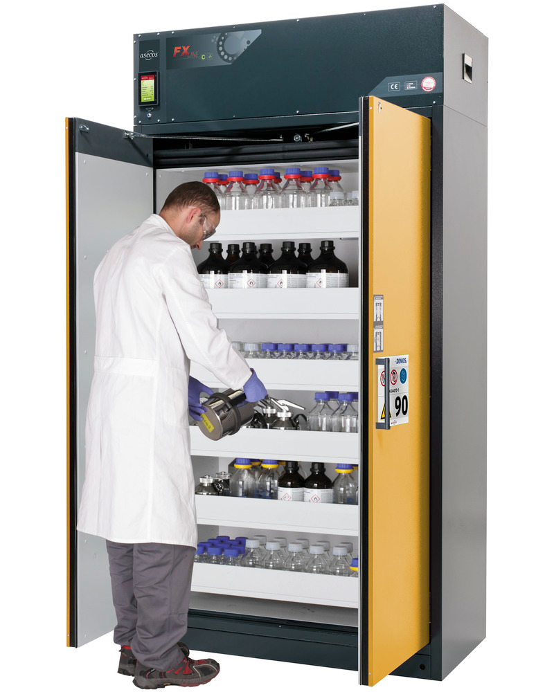 Fire-rated vent. HazMat cabinet Custos, doors yellow, with 6 slide-out spill trays, Model E-126 - 2