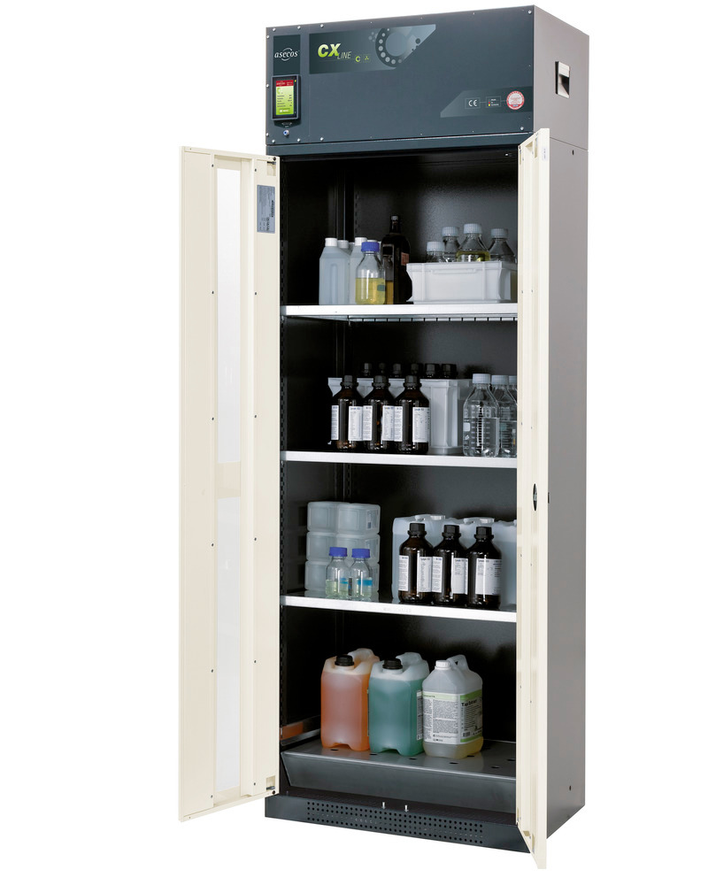 asecos chemical ventilated cabinet Custos, doors white, 3 shelves and spill pallet, Model C-83 - 1