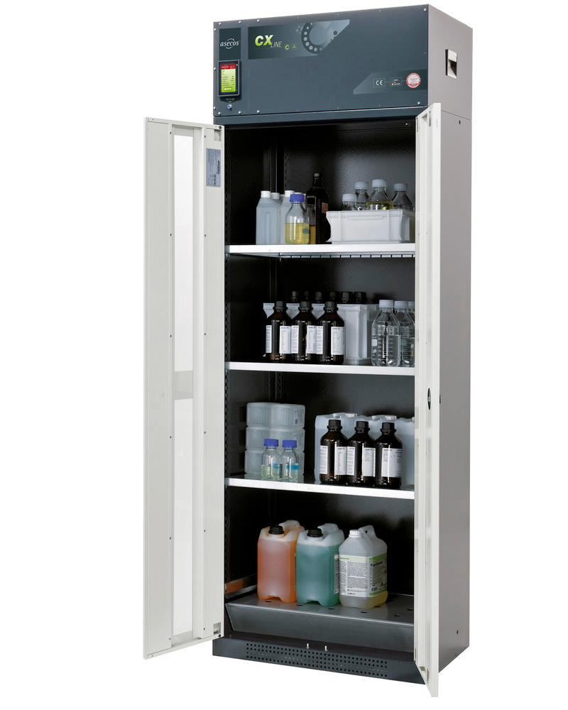 asecos chemical ventilated cabinet Custos, doors grey, 3 shelves and spill pallet, Model C-83