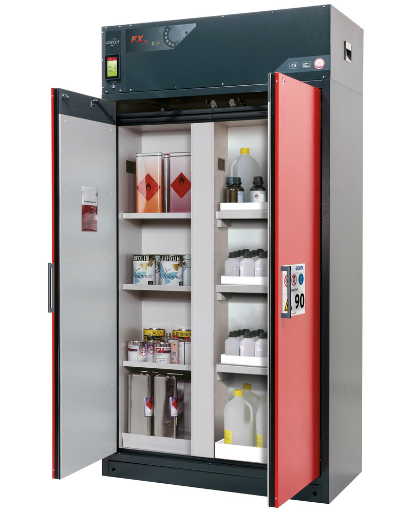 asecos fire-rated ventilated hazmat cabinet Custos, red, 3 shelves, with partition wall - 1