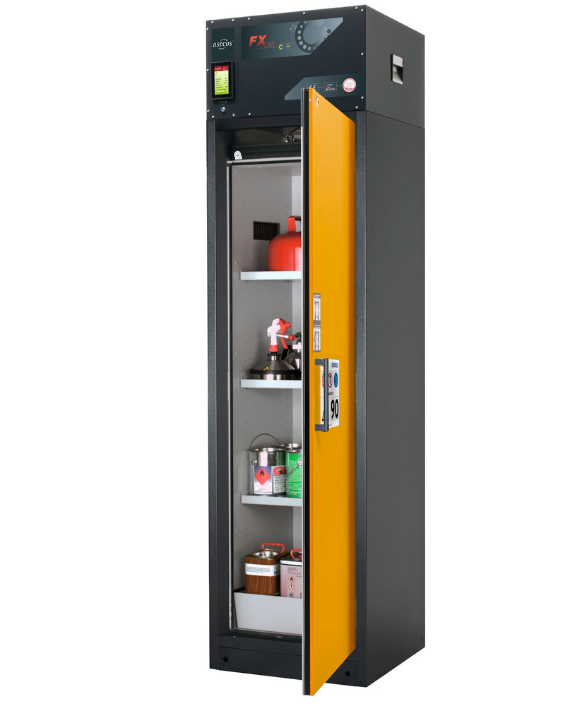 asecos fire-rated ventilated hazmat cabinet Custos, yellow, 3 shelves, door hinged right - 1
