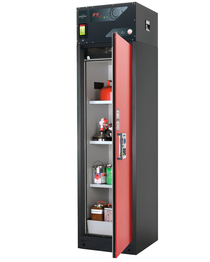 asecos fire-rated ventilated hazmat cabinet Custos, red, 3 shelves, door hinged right, Model A-63 - 1