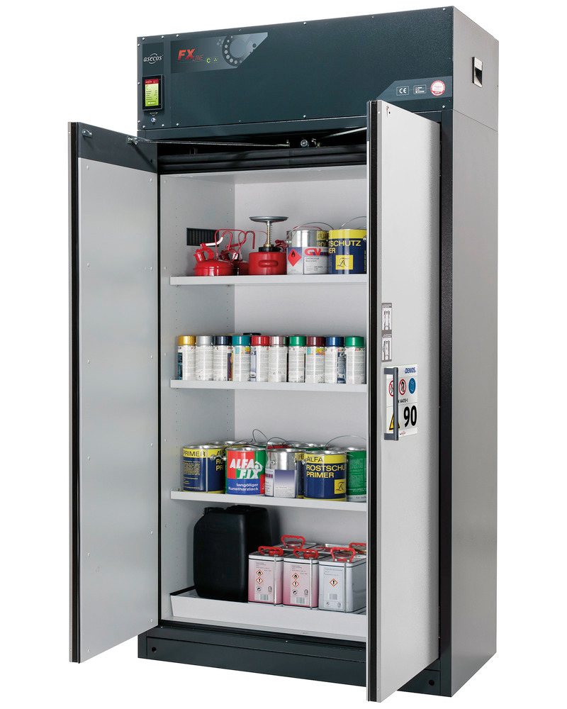 asecos fire-rated ventilated hazmat cabinet Custos, doors grey, with 3 shelves, Model E-123 - 1