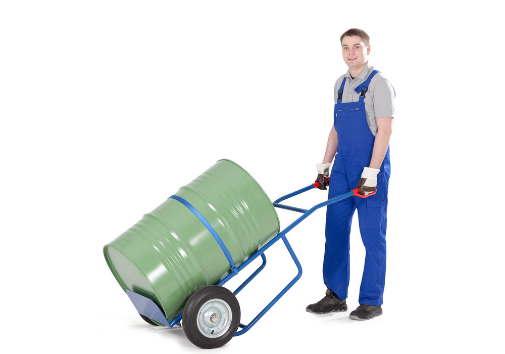 Drum cart FKZ steel blue, solid rubber tyres, foot plate and strap, for 60-/205-l drums, anti-static - 1